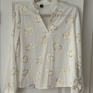 SHEIN Cream Blouse with Gold Heart Patterns